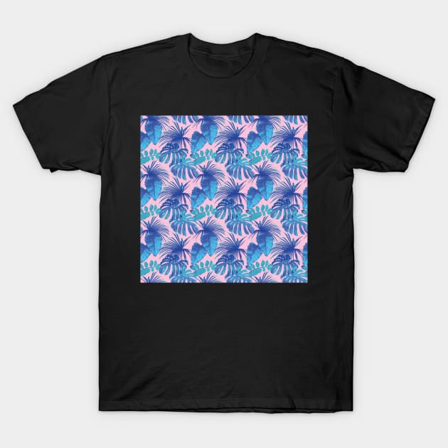 Pink and Blue Tropical Leaves T-Shirt by broadwaygurl18